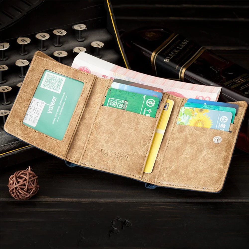 YATEER 123 Casual Men Color Splicing Canvas Trifold Short Wallet Cash Card Storage Bag - Blue / with Letter - 2