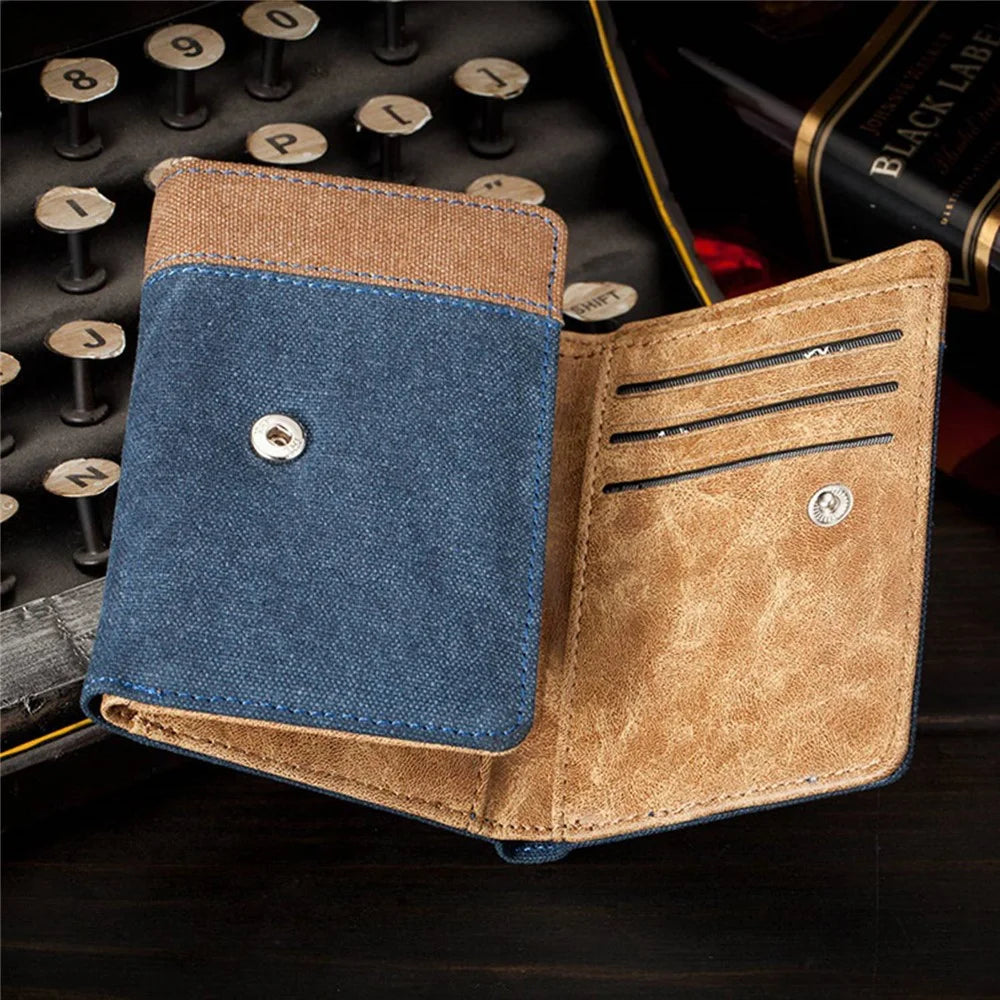 YATEER 123 Casual Men Color Splicing Canvas Trifold Short Wallet Cash Card Storage Bag - Blue / with Letter - 3