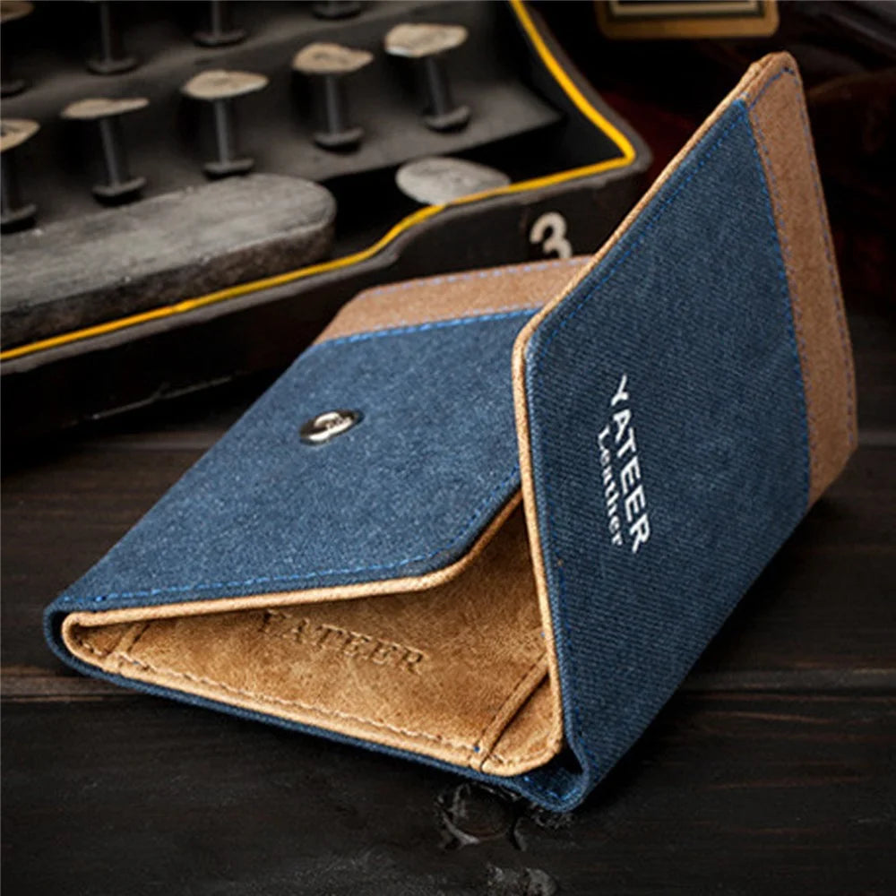 YATEER 123 Casual Men Color Splicing Canvas Trifold Short Wallet Cash Card Storage Bag - Blue / with Letter - 4
