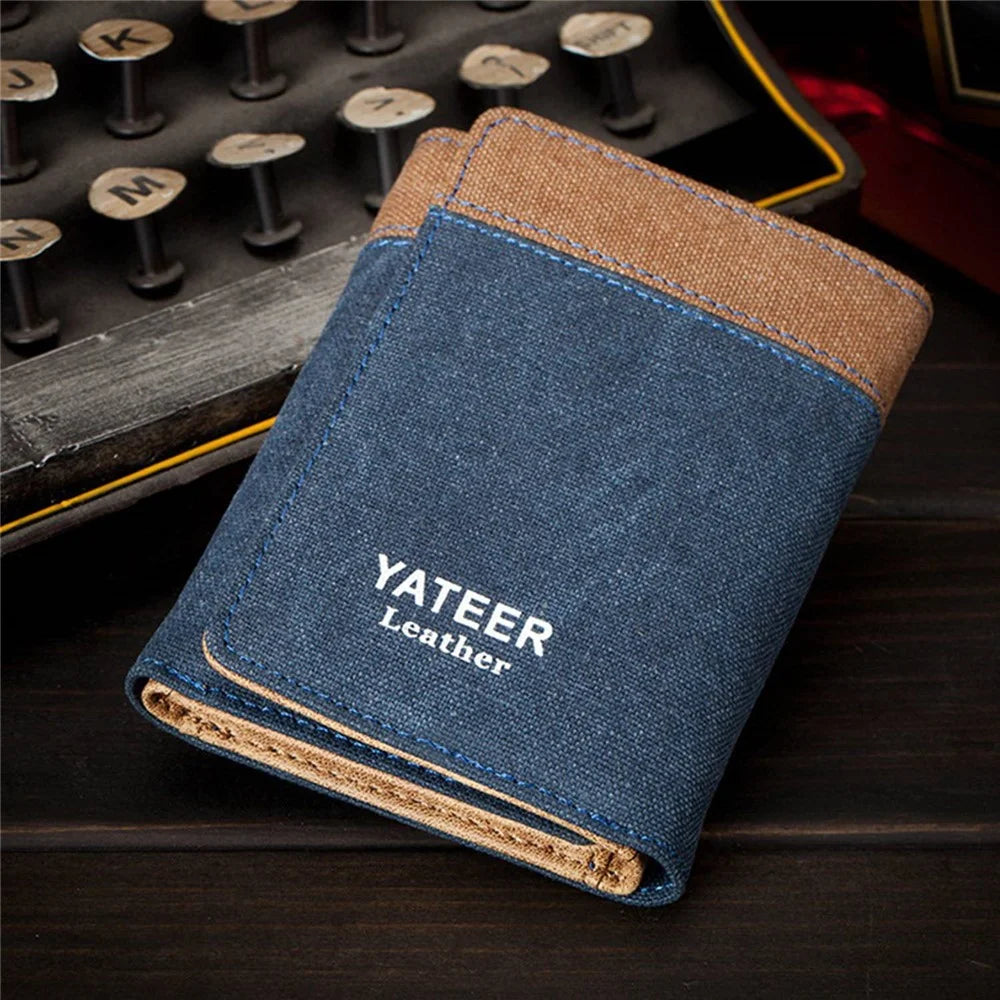 YATEER 123 Casual Men Color Splicing Canvas Trifold Short Wallet Cash Card Storage Bag - Blue / with Letter - 5