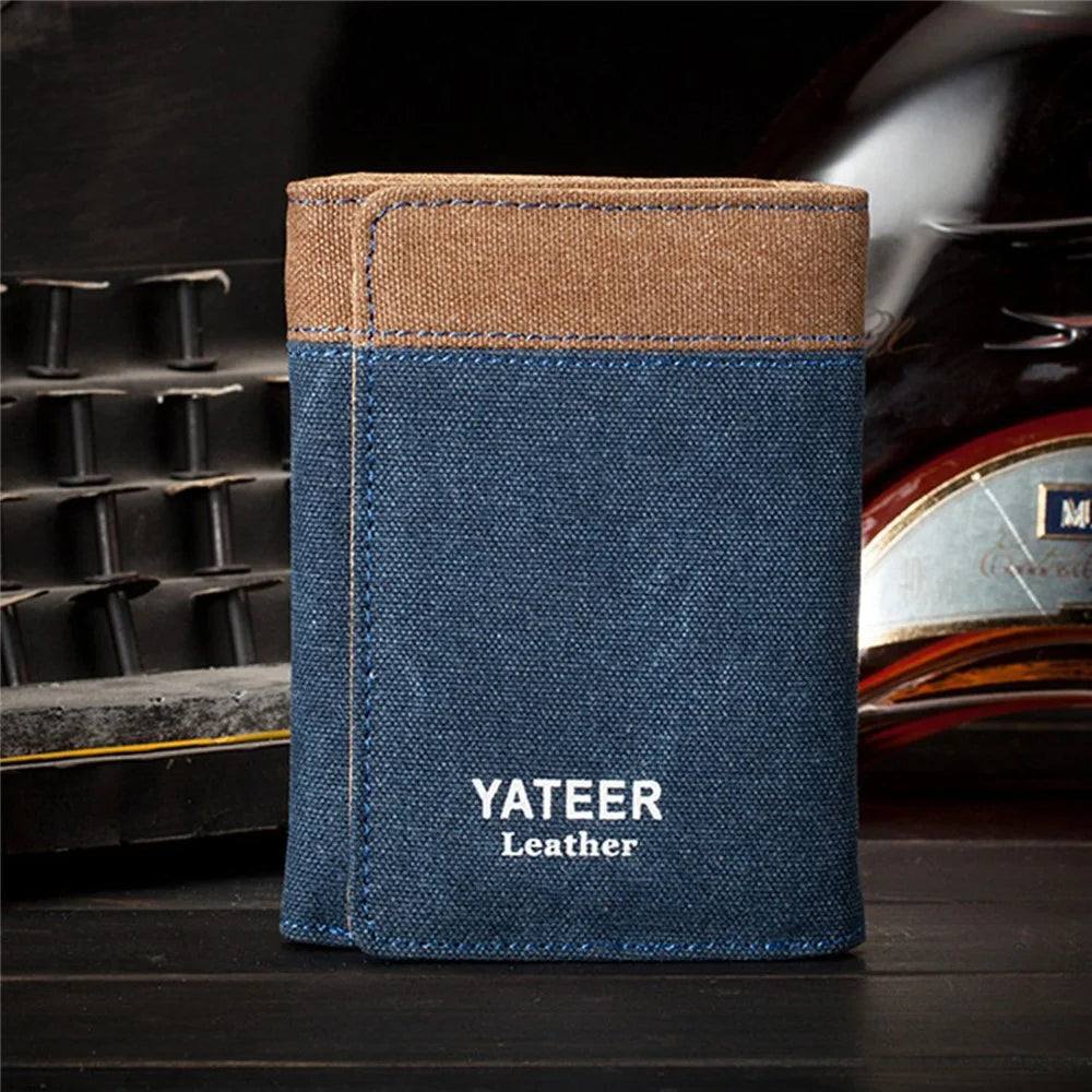 YATEER 123 Casual Men Color Splicing Canvas Trifold Short Wallet Cash Card Storage Bag - Blue / with Letter - 6
