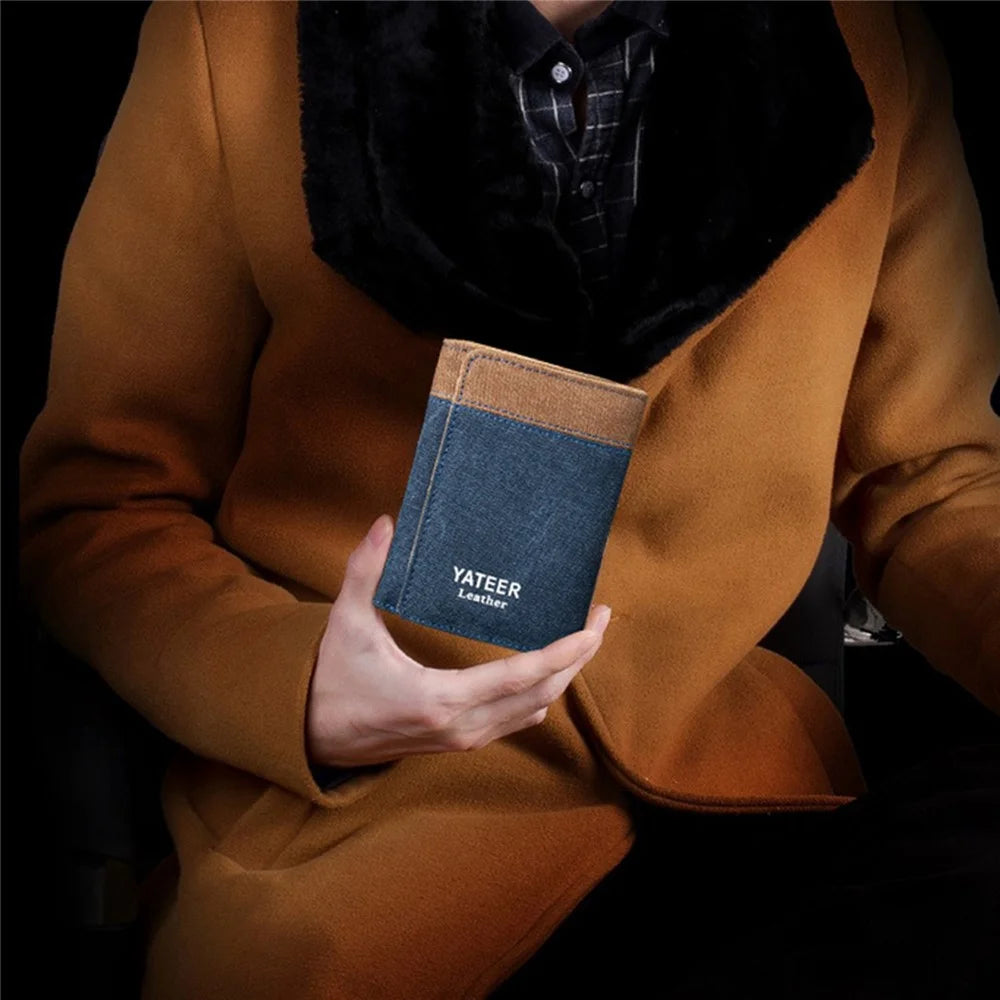YATEER 123 Casual Men Color Splicing Canvas Trifold Short Wallet Cash Card Storage Bag - Blue / with Letter - 7