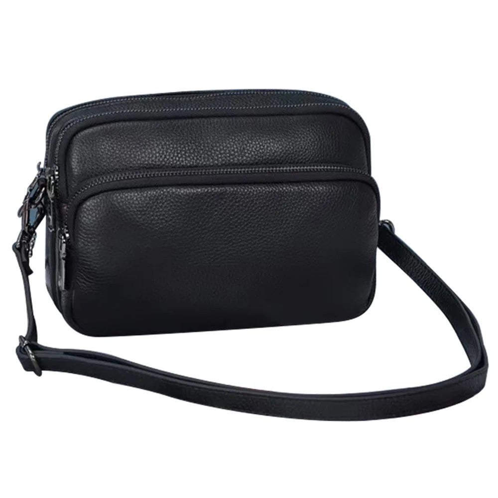 6551 Three Layer Zipper Shoulder Bag Solid Color Top Layer Cowhide Square Crossbody Bag - Black - 1