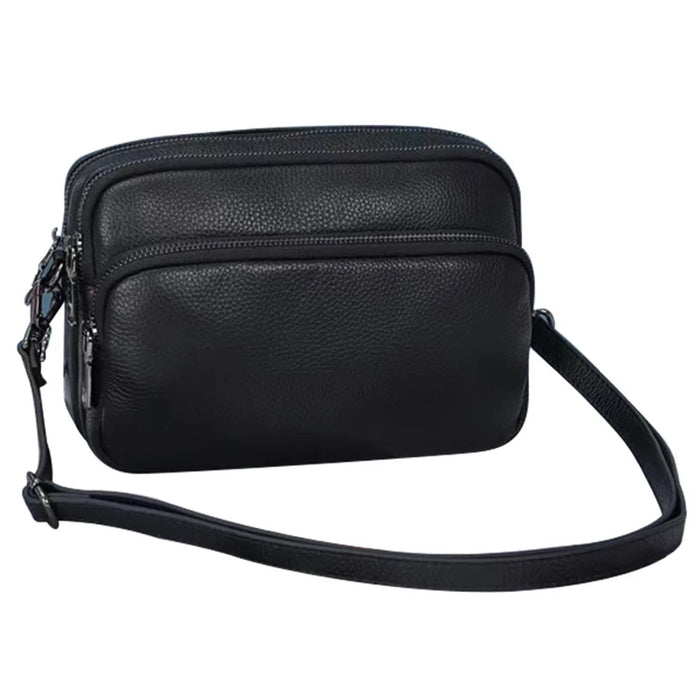 6551 Three Layer Zipper Shoulder Bag Solid Color Top Layer Cowhide Square Crossbody Bag - Black - 1