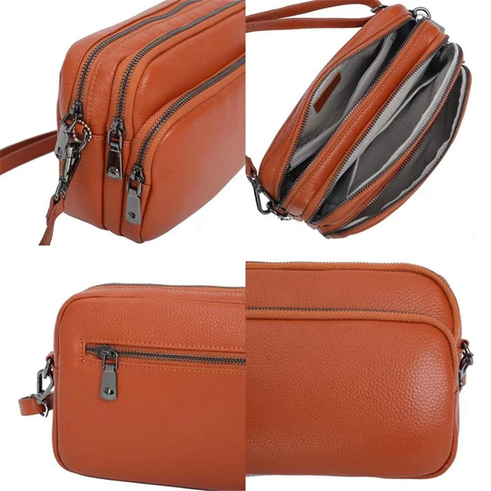6551 Three Layer Zipper Shoulder Bag Solid Color Top Layer Cowhide Square Crossbody Bag - Black - 3