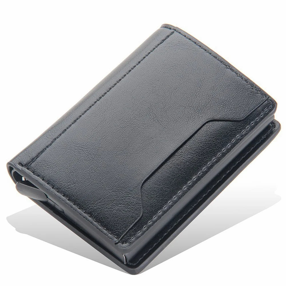 BAELLERRY K9140 Automatic Pop Up Aluminum Alloy Card Case RFID Blocking PU Leather Credit Card Holder Wallet - Black - 1