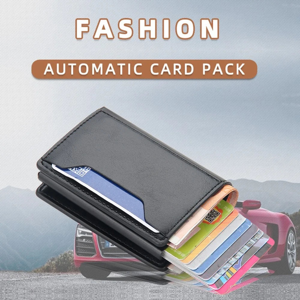 BAELLERRY K9140 Automatic Pop Up Aluminum Alloy Card Case RFID Blocking PU Leather Credit Card Holder Wallet - Black - 2