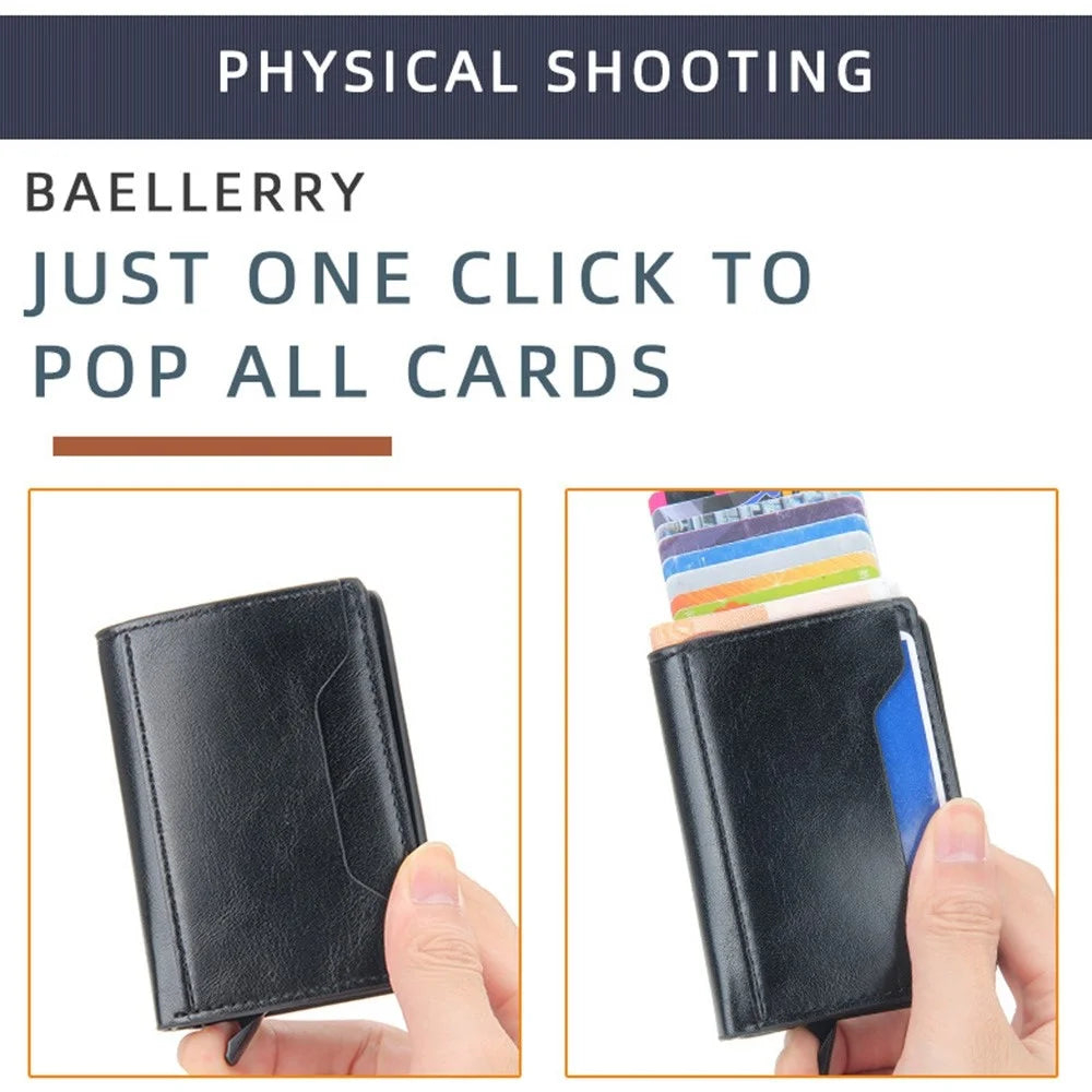 BAELLERRY K9140 Automatic Pop Up Aluminum Alloy Card Case RFID Blocking PU Leather Credit Card Holder Wallet - Black - 5