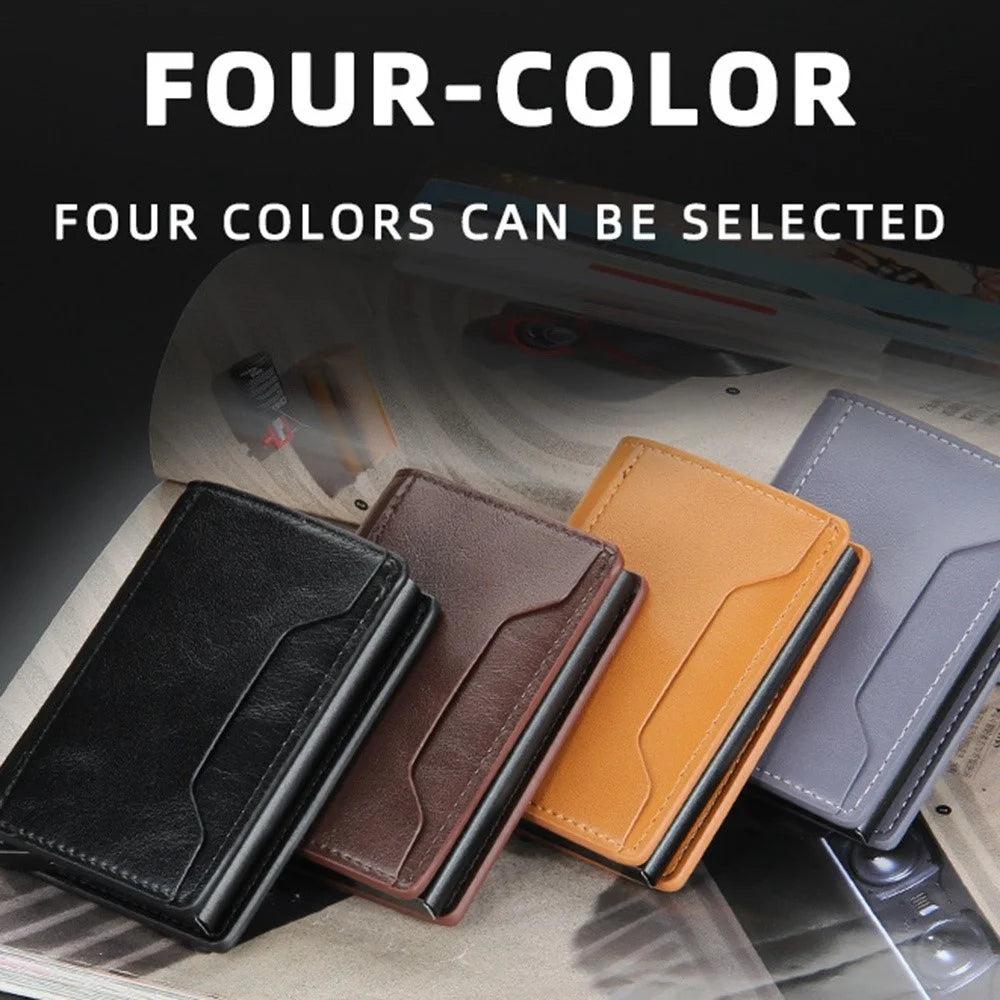BAELLERRY K9140 Automatic Pop Up Aluminum Alloy Card Case RFID Blocking PU Leather Credit Card Holder Wallet - Black - 6