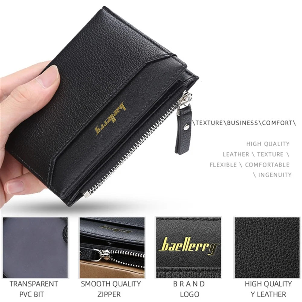 BAELLERRY DR023 Men Slim Short Wallet PU Leather Zipper Coin Purse Cards Cash Storage Bag - Black - 4