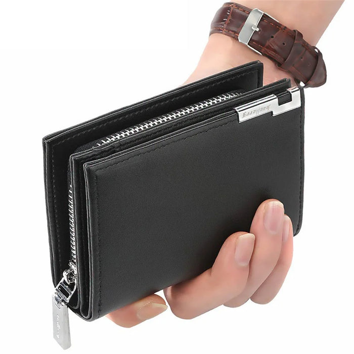 BAELLERRY 1102 Men Solid Color Short Wallet Zipper Pocket Design PU Leather Coin Cards Storage Bag - Black - 3