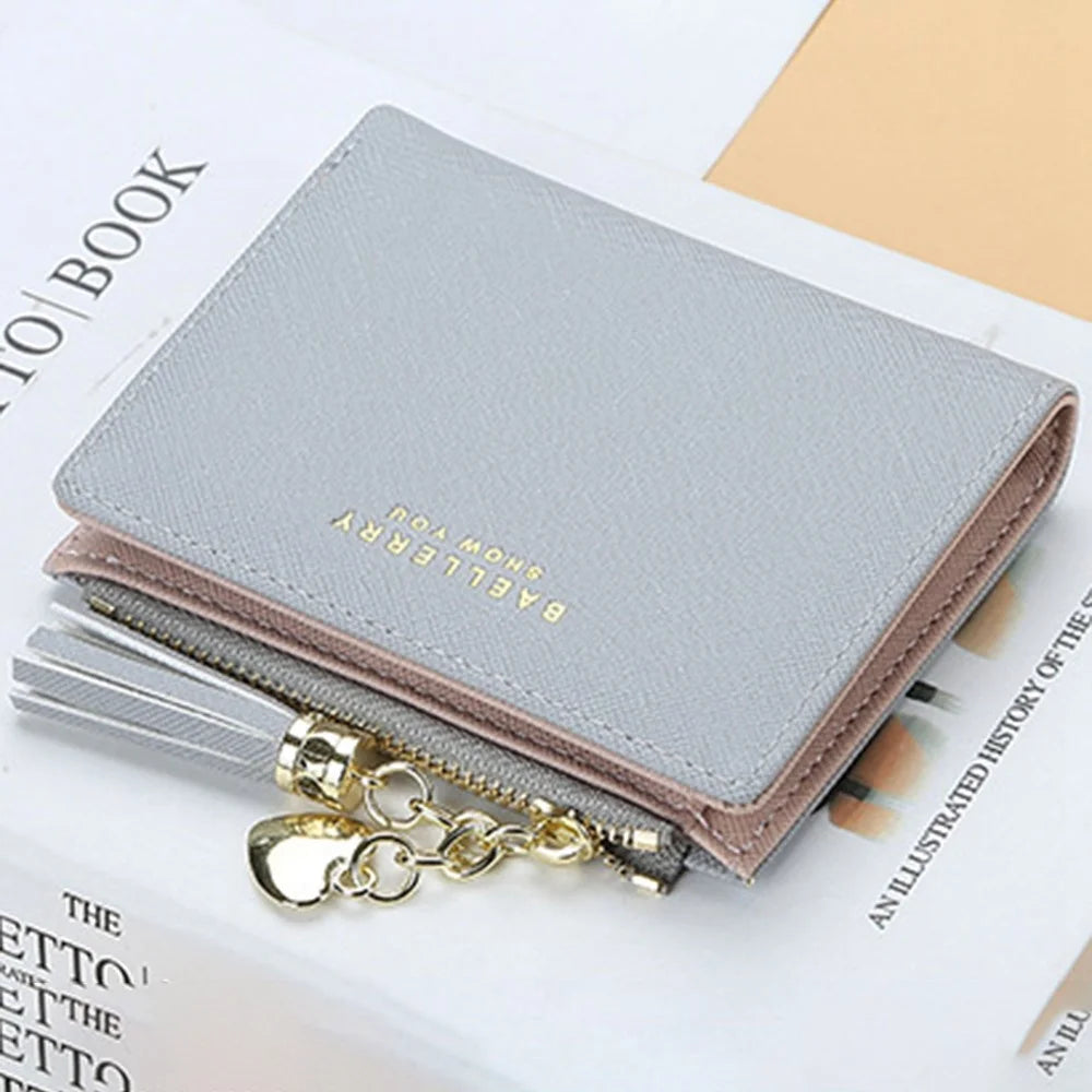 BAELLERRY DR028 Cross Texture PU Leather Women Short Wallet Tassel Zipper Design Cards Cash Holder Purse - Grey - 2