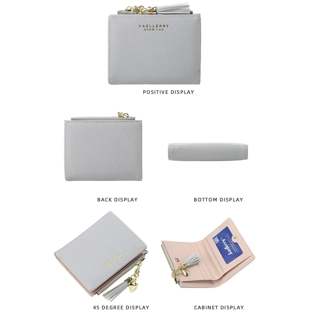 BAELLERRY DR028 Cross Texture PU Leather Women Short Wallet Tassel Zipper Design Cards Cash Holder Purse - Grey - 3