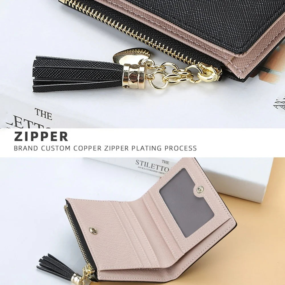 BAELLERRY DR028 Cross Texture PU Leather Women Short Wallet Tassel Zipper Design Cards Cash Holder Purse - Grey - 5