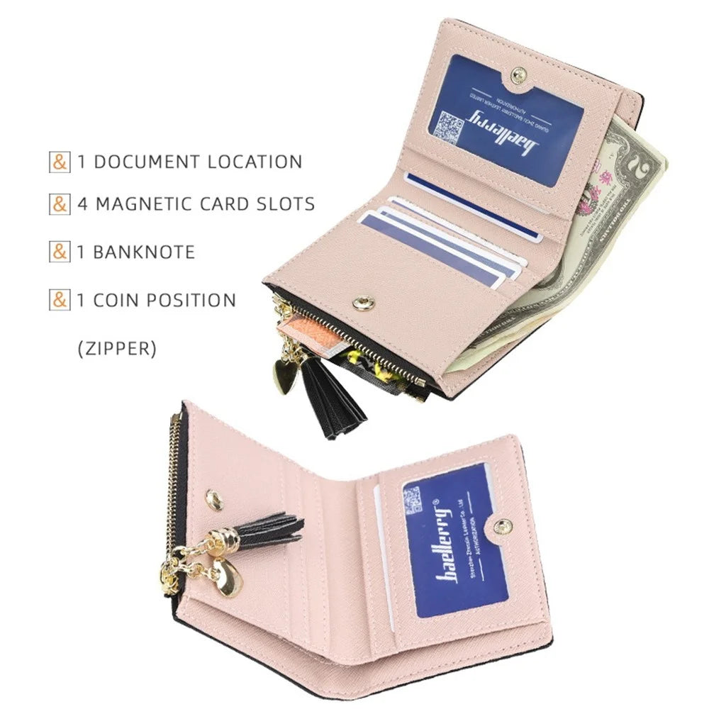BAELLERRY DR028 Cross Texture PU Leather Women Short Wallet Tassel Zipper Design Cards Cash Holder Purse - Grey - 6