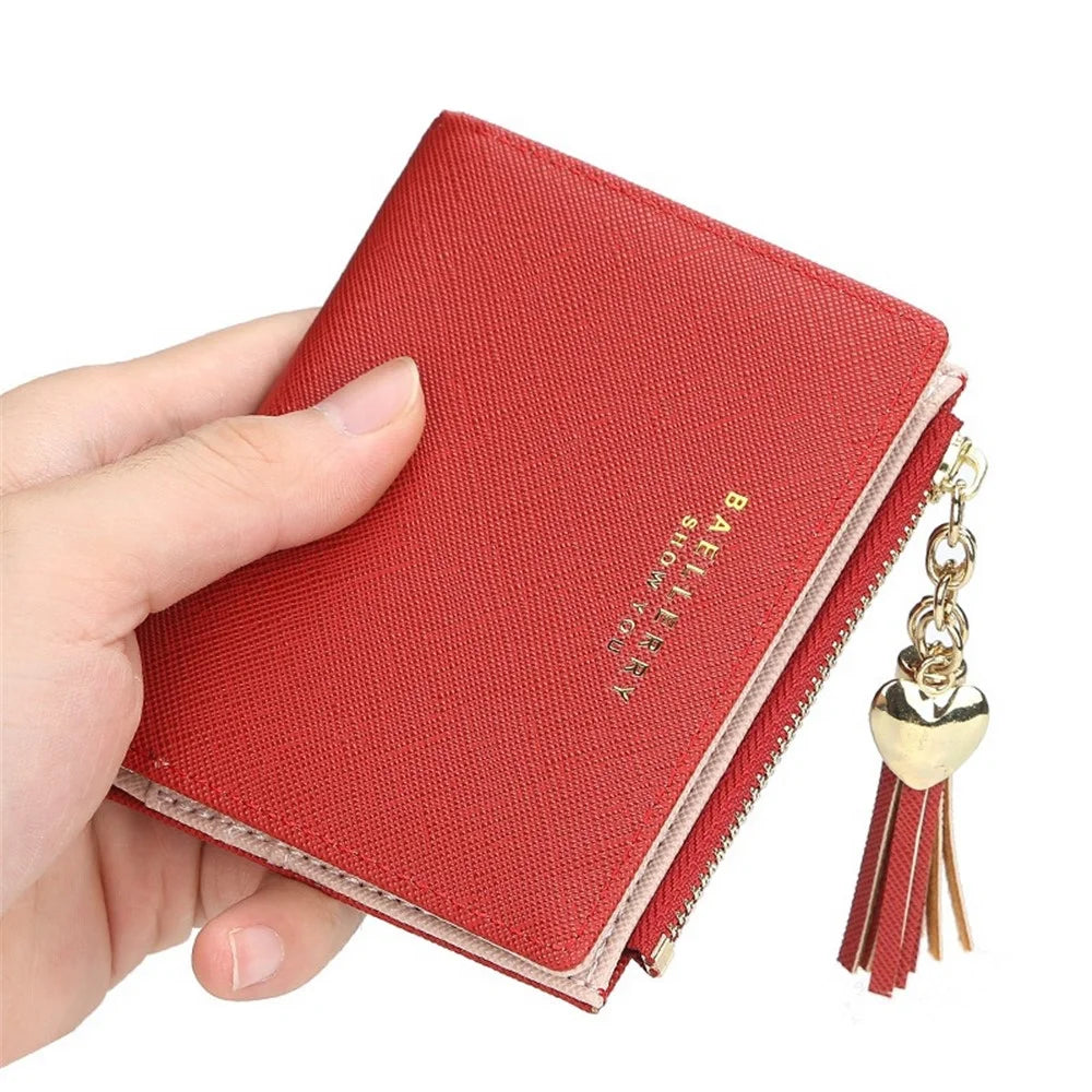 BAELLERRY DR028 Cross Texture PU Leather Women Short Wallet Tassel Zipper Design Cards Cash Holder Purse - Grey - 7