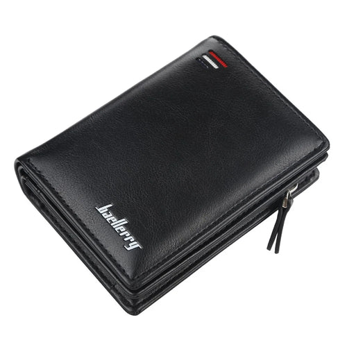 BAELLERRY D3216 Men Snap Button Cash Card Holder PU Leather Zipper Coin Purse Short Wallet - Black - 1