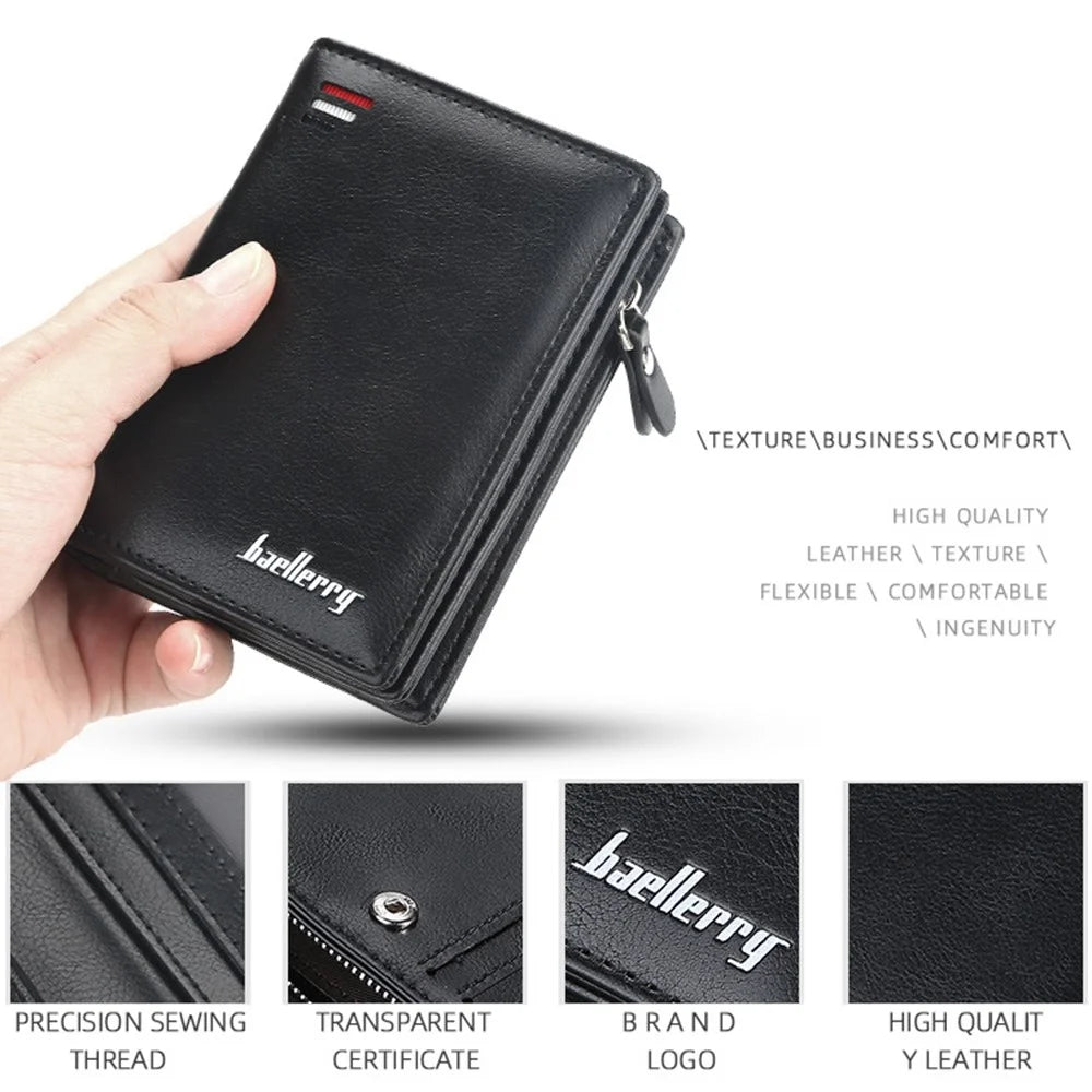 BAELLERRY D3216 Men Snap Button Cash Card Holder PU Leather Zipper Coin Purse Short Wallet - Black - 3