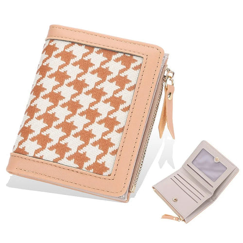BAELLERRY N2375 Houndstooth Small Wallet Women Short Coin Purse Zipper Card Holder - Apricot - 1