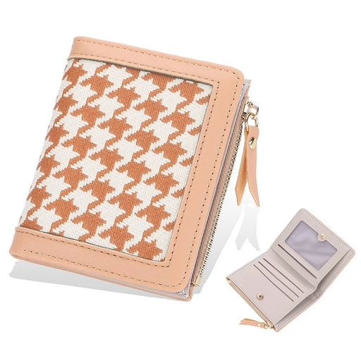 BAELLERRY N2375 Houndstooth Small Wallet Women Short Coin Purse Zipper Card Holder - Apricot - 1