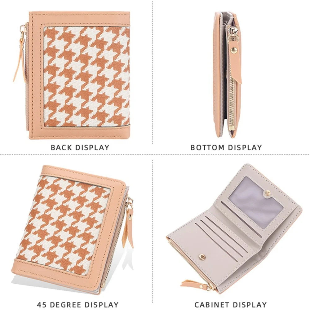 BAELLERRY N2375 Houndstooth Small Wallet Women Short Coin Purse Zipper Card Holder - Apricot - 3