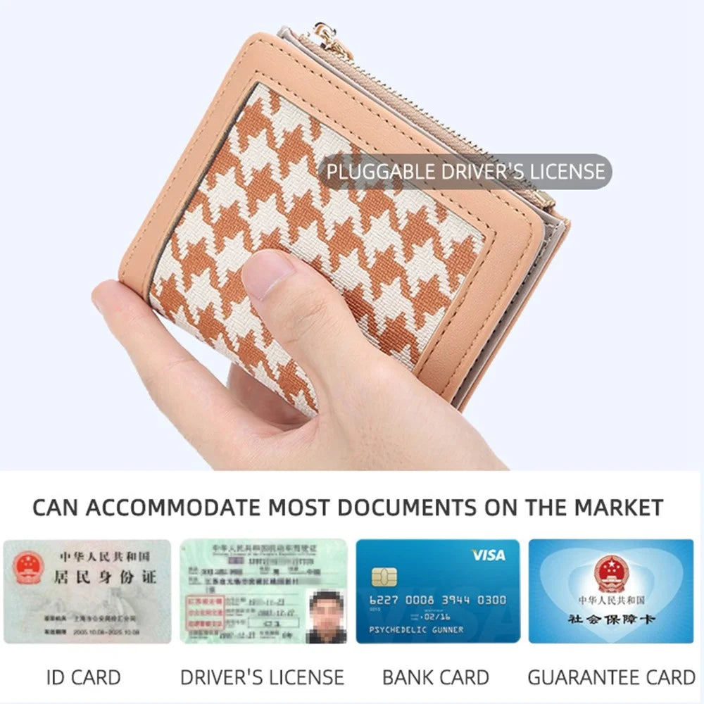 BAELLERRY N2375 Houndstooth Small Wallet Women Short Coin Purse Zipper Card Holder - Apricot - 4