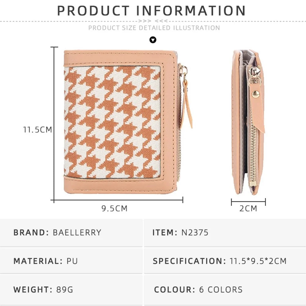 BAELLERRY N2375 Houndstooth Small Wallet Women Short Coin Purse Zipper Card Holder - Apricot - 7