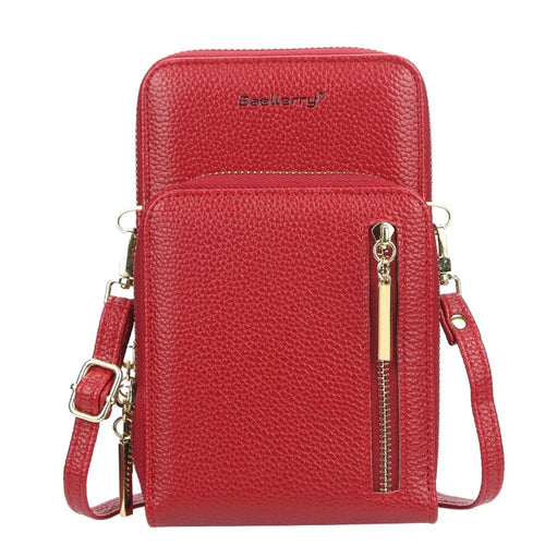 BAELLERRY N0110 Women Double Layer Zipper Wallet PU Leather Cellphone Purse with Shoulder Strap - Red - 1