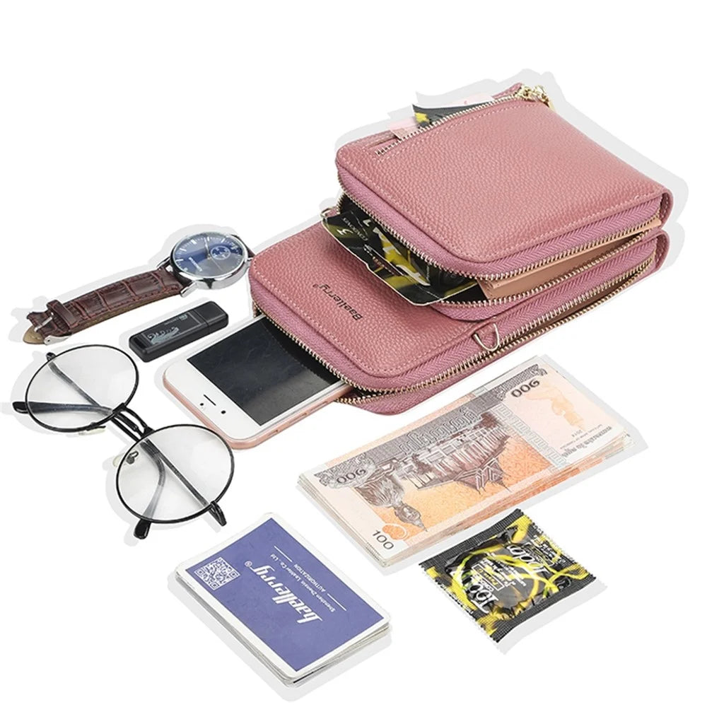 BAELLERRY N0110 Women Double Layer Zipper Wallet PU Leather Cellphone Purse with Shoulder Strap - Red - 7