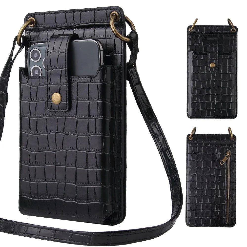 Crocodile Pattern PU Leather Zipper Pocket Design Phone Card Holder Pouch Vertical Women Crossbody Bag with Mirror - Black - 1