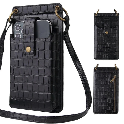 Crocodile Pattern PU Leather Zipper Pocket Design Phone Card Holder Pouch Vertical Women Crossbody Bag with Mirror - Black - 1