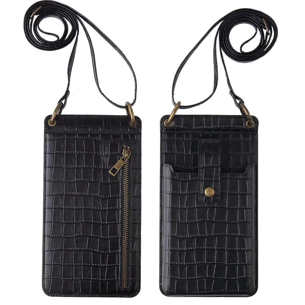 Crocodile Pattern PU Leather Zipper Pocket Design Phone Card Holder Pouch Vertical Women Crossbody Bag with Mirror - Black - 2