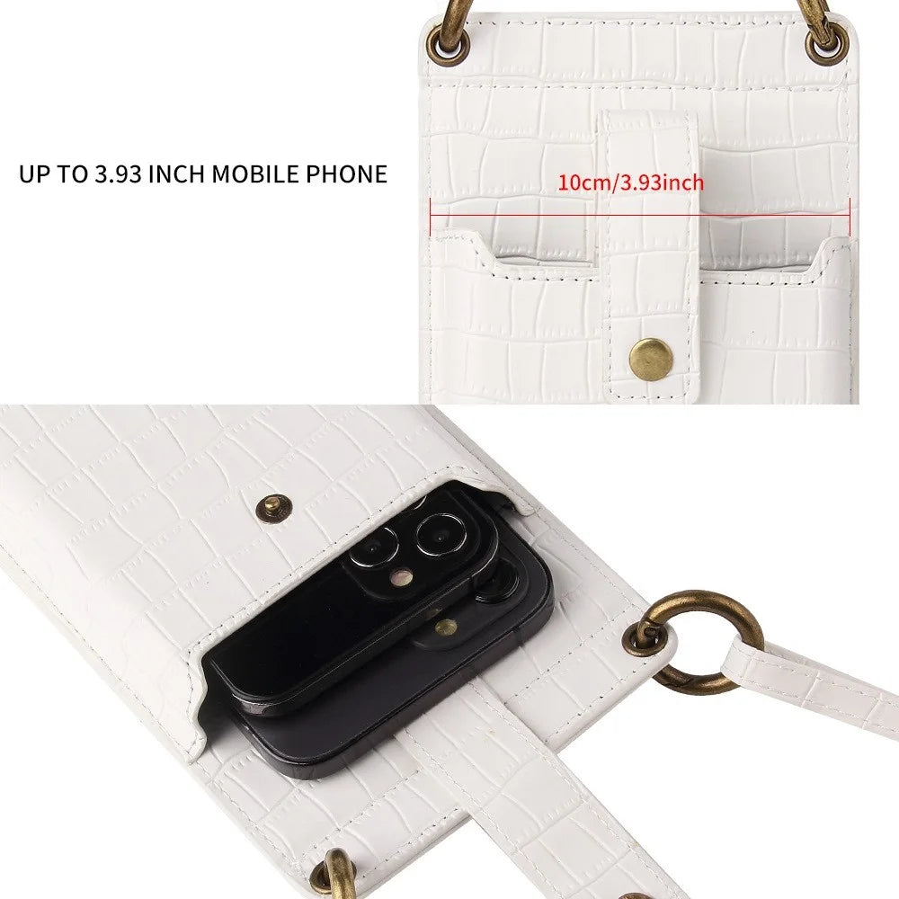 Crocodile Pattern PU Leather Zipper Pocket Design Phone Card Holder Pouch Vertical Women Crossbody Bag with Mirror - Black - 5