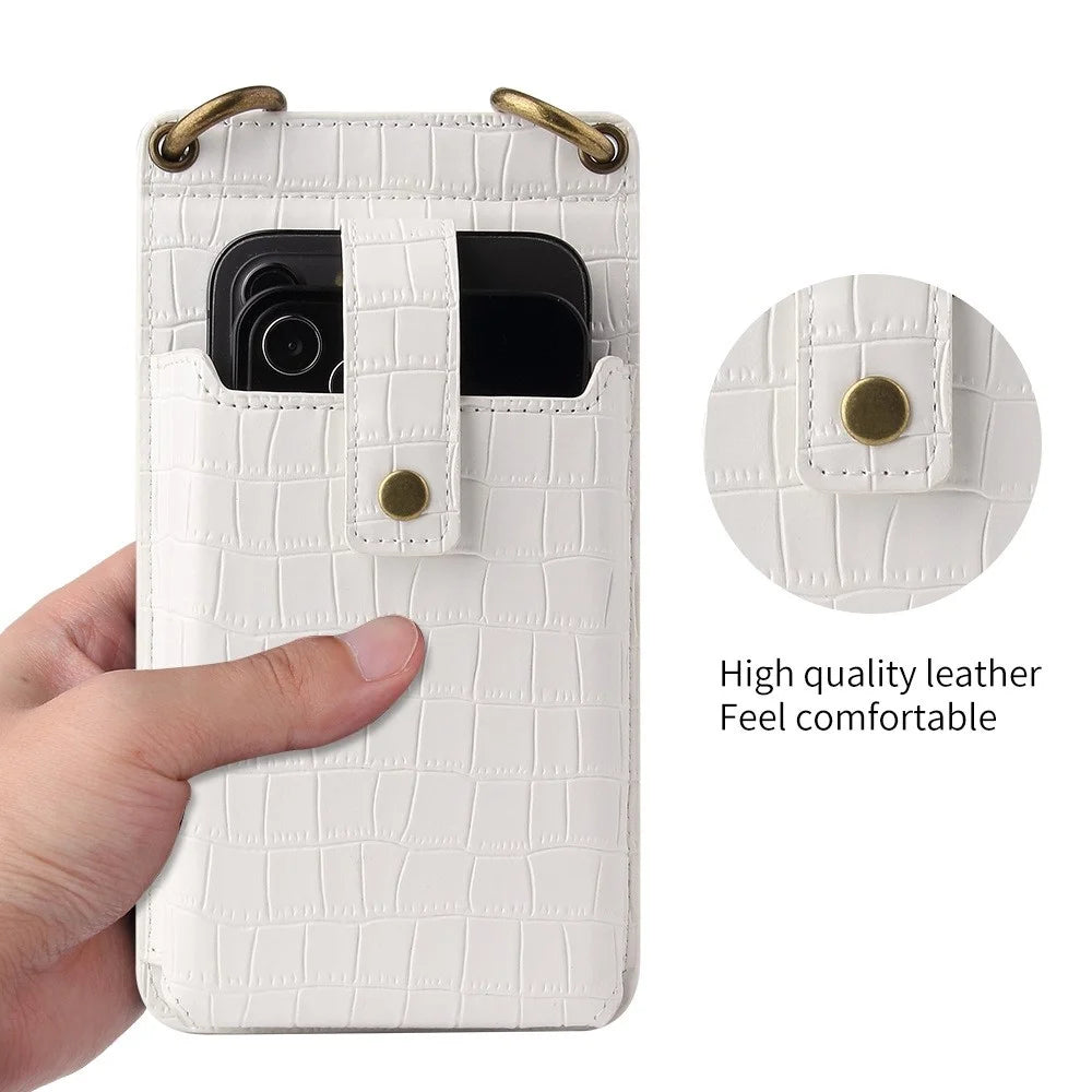 Crocodile Pattern PU Leather Zipper Pocket Design Phone Card Holder Pouch Vertical Women Crossbody Bag with Mirror - Black - 6