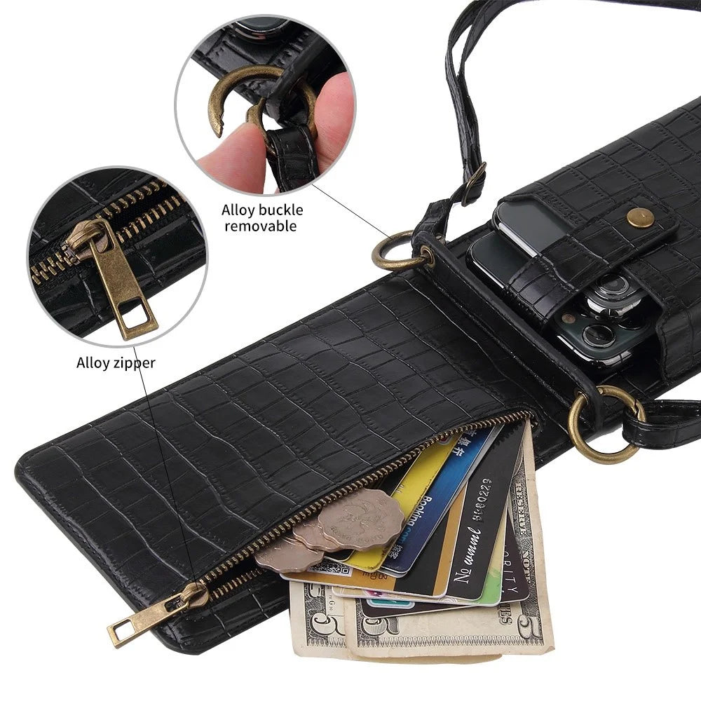 Crocodile Pattern PU Leather Zipper Pocket Design Phone Card Holder Pouch Vertical Women Crossbody Bag with Mirror - Black - 7
