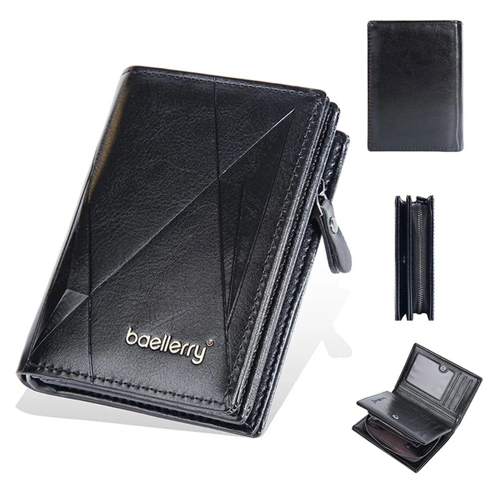 BAELLERRY D3213 Vintage Men PU Leather Short Wallet Cash Card Holder Zipper Coin Purse - Black - 1