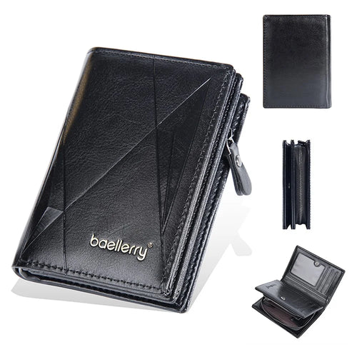 BAELLERRY D3213 Vintage Men PU Leather Short Wallet Cash Card Holder Zipper Coin Purse - Black - 1