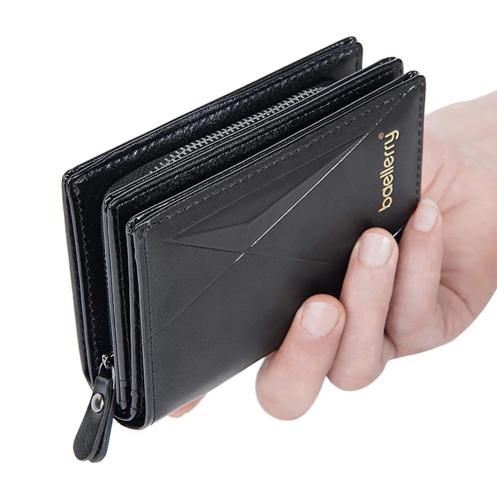BAELLERRY D3213 Vintage Men PU Leather Short Wallet Cash Card Holder Zipper Coin Purse - Black - 3