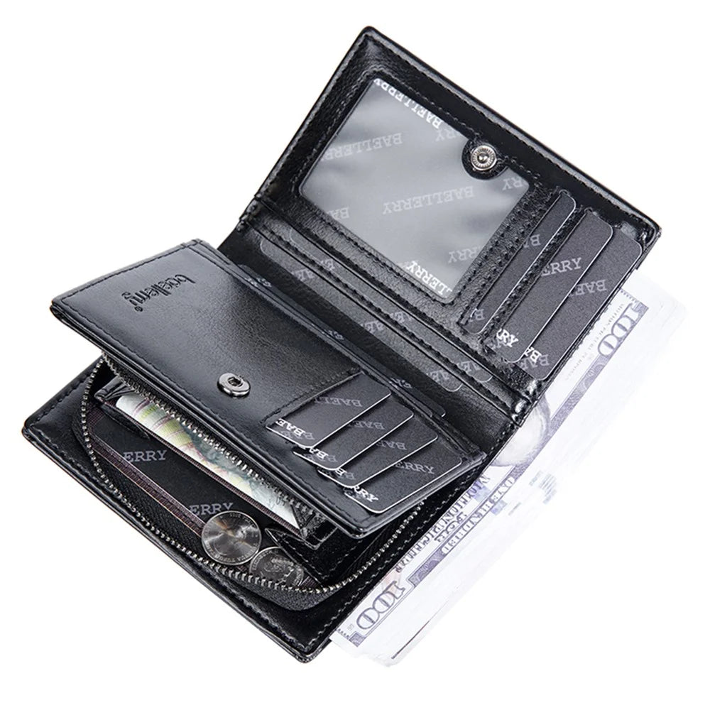 BAELLERRY D3213 Vintage Men PU Leather Short Wallet Cash Card Holder Zipper Coin Purse - Black - 5