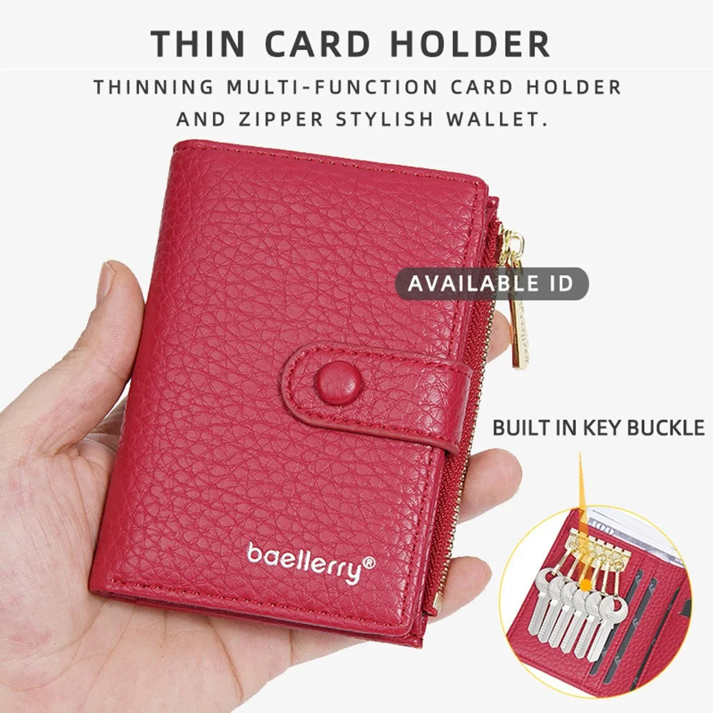BAELLERRY NR104 Stylish Zipper Pocket PU Leather Women Short Wallet Keys Holder Coin Purse - Red - 2