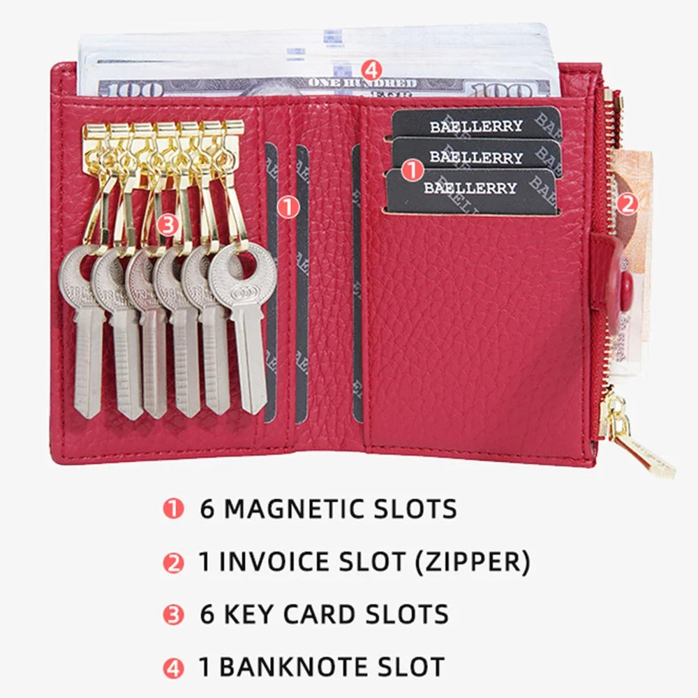 BAELLERRY NR104 Stylish Zipper Pocket PU Leather Women Short Wallet Keys Holder Coin Purse - Red - 3