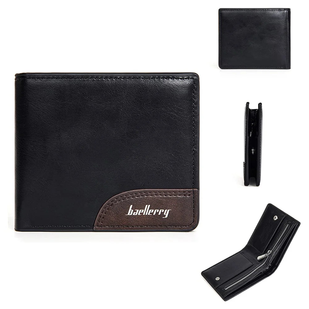 BAELLERRY D2405 Contrast Color Bi-Fold Men Wallet Retro PU Leather Cards Cash Holder - Black - 1