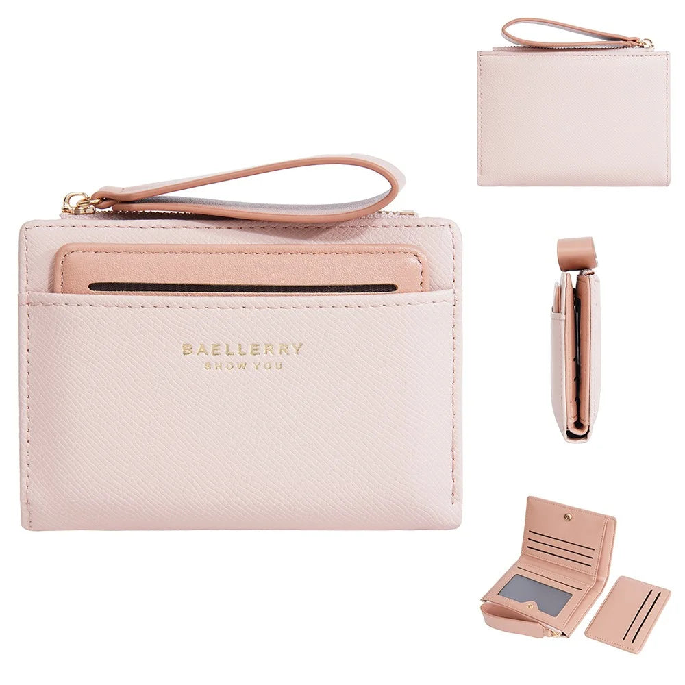 BAELLERRY N8335 Stylish Women Short Wallet PU Leather Zipper Pocket Coin Purse with Separate Card Holder - Pink - 1