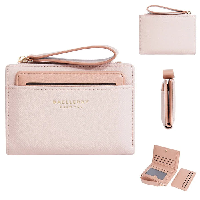BAELLERRY N8335 Stylish Women Short Wallet PU Leather Zipper Pocket Coin Purse with Separate Card Holder - Pink - 1