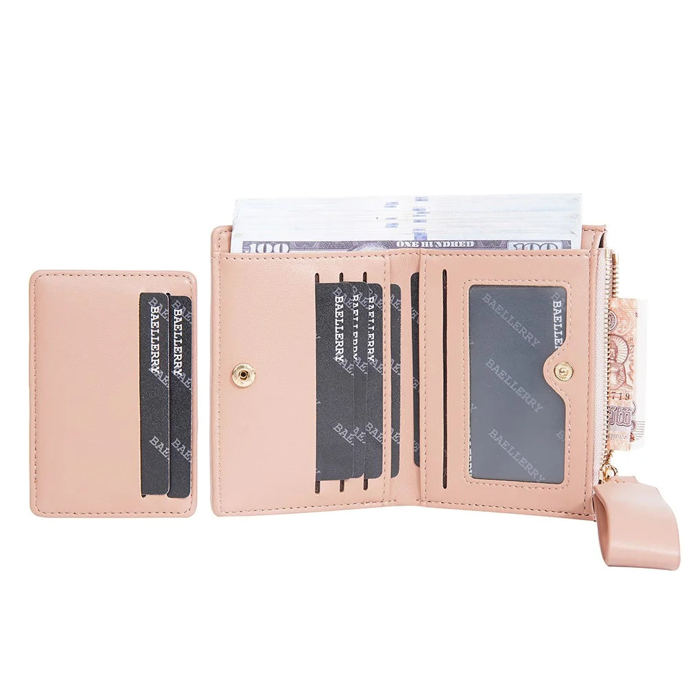 BAELLERRY N8335 Stylish Women Short Wallet PU Leather Zipper Pocket Coin Purse with Separate Card Holder - Pink - 6