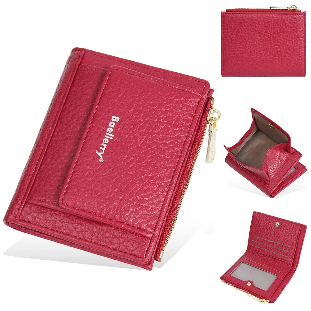 BAELLERRY NR110 Stylish PU Leather Women Short Wallet Zipper Pocket Coins Cards Cash Holder - Red - 1
