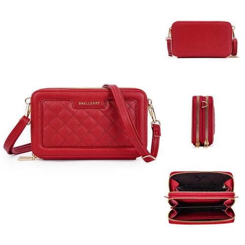 BAELLERRY N8332 Women PU Leather Dual Zipper Crossbody Bag Multiple Card Slots Phone Cash Holder Purse - Red - 1