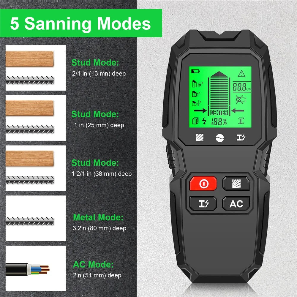 HW-QB6 5 in 1 LCD Wall Stud Finder Edge Center Wood Current Metal AC Live Wire Detector - Black - 7
