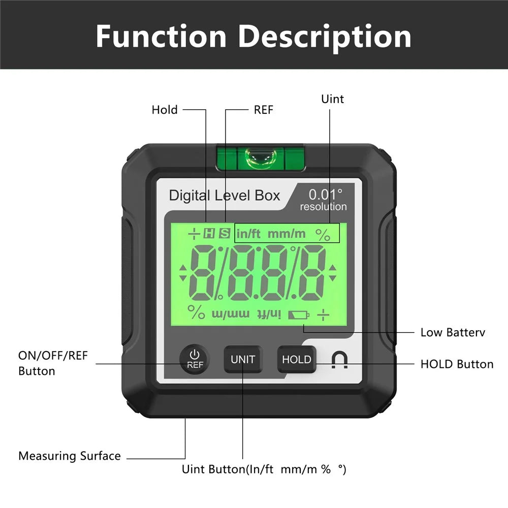 JD10 Digital Level Box Mini Angle Finder Magnetic Base LCD Bevel Gauge Inclinometer for Carpentry, with Bubble - Black+White - 7