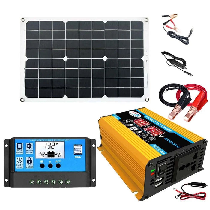 Power Inverter 18W Solar Panel 30A LCD Display Solar Controller 300W Car RV Power Converter - Yellow / 12V to 220V - 1